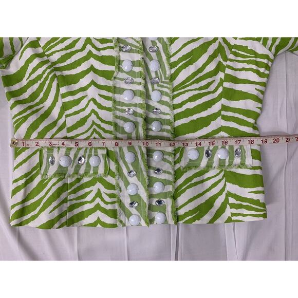 Berek Lime Green & White Zebra Cotton Beaded Gem Jacket Size PL Preppy - Picture 14 of 15